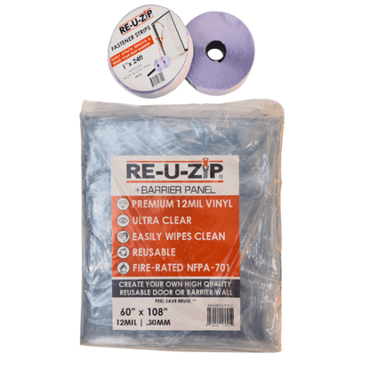 RE-U-ZIP INNOVATIVE DUST BARRIER SOLUTIONS Construction 5 x 9 FT - 12MIL Barrier Panel + 24FT Fastener Strips RE-U-ZIP® ULTRA-CLEAR HOOK & LOOP DUST BARRIER KIT